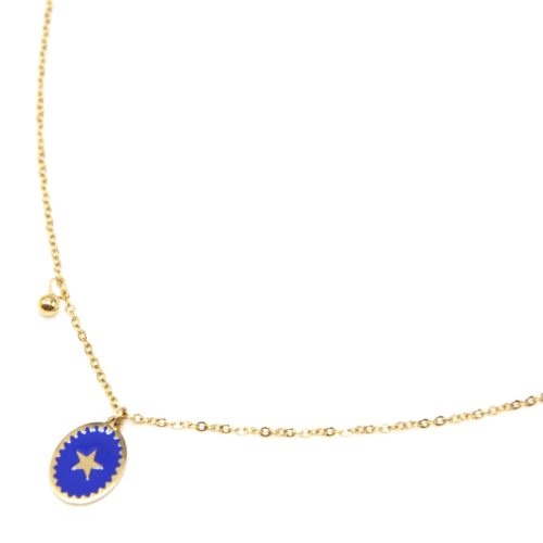 Collier-Fine-Chaine-Acier-Dore-avec-Ovale-Email-Bleu-Motif-Etoile