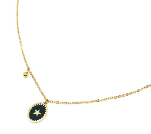 Collier-Fine-Chaine-Acier-Dore-avec-Ovale-Email-Vert-Sapin-Motif-Etoile