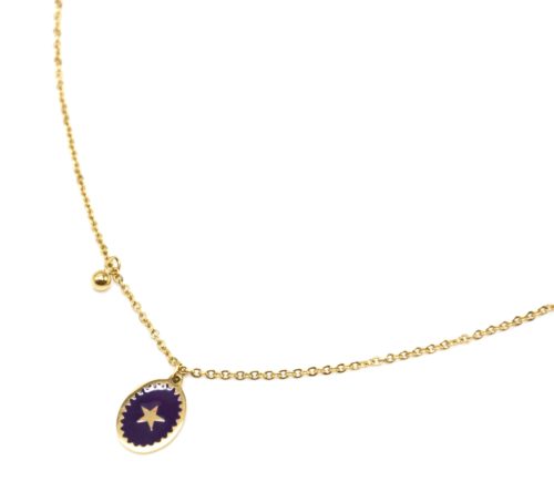 Collier-Fine-Chaine-Acier-Dore-avec-Ovale-Email-Violet-Fonce-Motif-Etoile