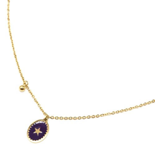 Collier-Fine-Chaine-Acier-Dore-avec-Ovale-Email-Violet-Fonce-Motif-Etoile