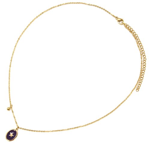 Collier-Fine-Chaine-Acier-Dore-avec-Ovale-Email-Violet-Fonce-Motif-Etoile