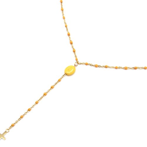 Collier-Chapelet-Fine-Chaine-Mini-Perles-Email-Jaune-Orange-avec-Pierre-et-Croix-Acier-Dore