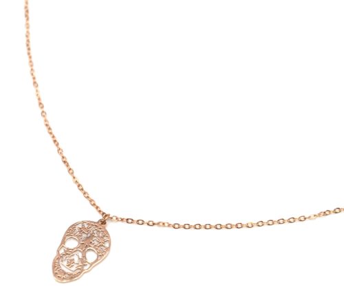 Collier-Fine-Chaine-avec-Pendentif-Tete-de-Mort-Ajouree-Acier-Or-Rose