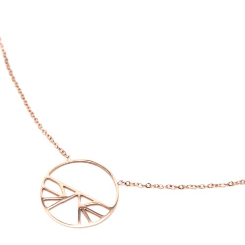 Collier-Fine-Chaine-avec-Pendentif-Cercle-Ajoure-Ethnique-Acier-Or-Rose