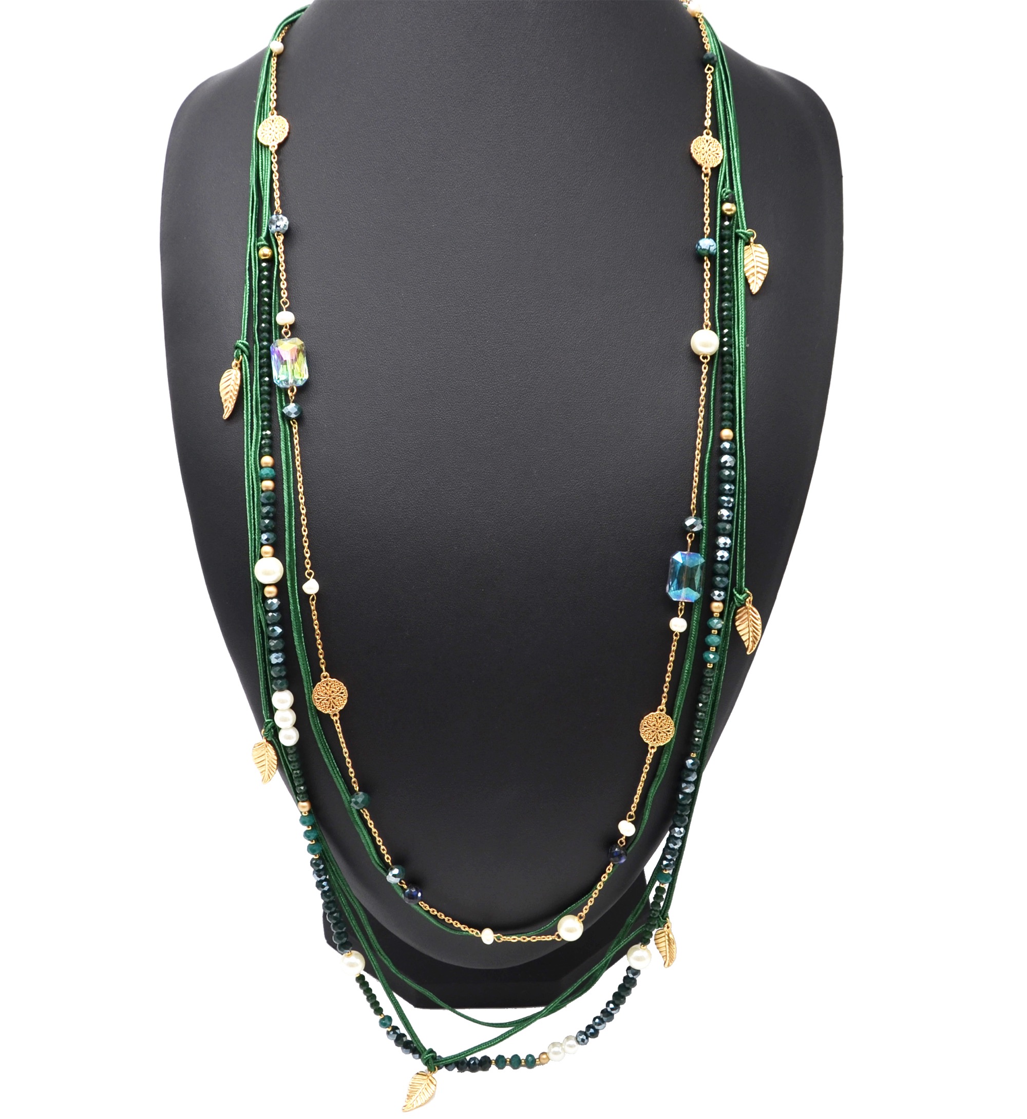 Sautoir Collier Multi-Rangs Perles Brillantes Cordons Vert avec Feu... CL2220D