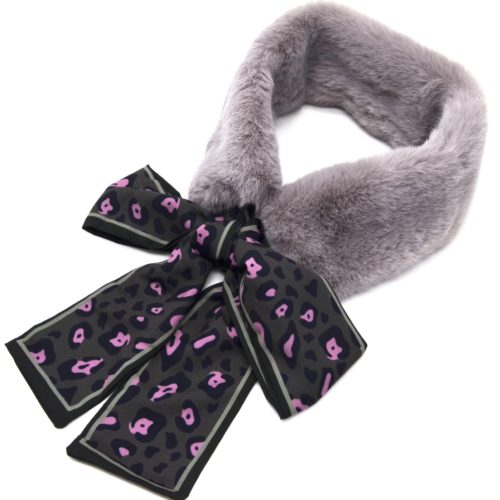 Echarpe-Col-Fourrure-Synthetique-Gris-avec-Ruban-Foulard-Motif-Leopard