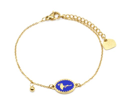 Bracelet-Fine-Chaine-Acier-Dore-avec-Ovale-Email-Bleu-Motif-Flamant-Rose
