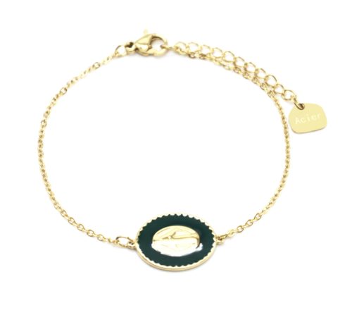 Bracelet-Fine-Chaine-Acier-Dore-avec-Vierge-Marie-Contour-Email-Vert-Sapin