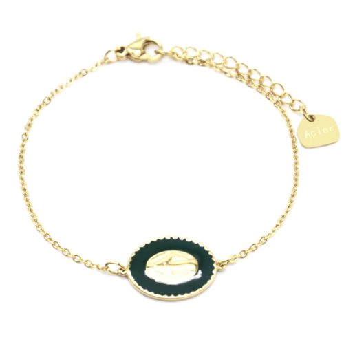 Bracelet-Fine-Chaine-Acier-Dore-avec-Vierge-Marie-Contour-Email-Vert-Sapin