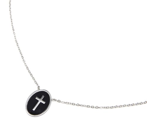 Collier-Fine-Chaine-Acier-Argente-avec-Pendentif-Ovale-Email-Noir-Motif-Croix
