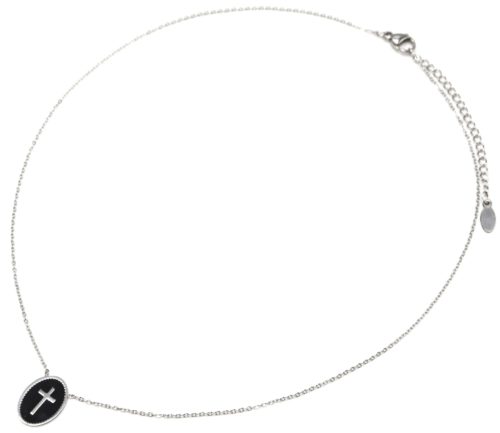 Collier-Fine-Chaine-Acier-Argente-avec-Pendentif-Ovale-Email-Noir-Motif-Croix