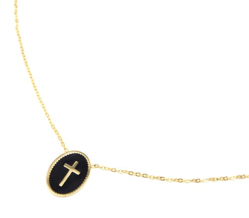 Collier-Fine-Chaine-Acier-Dore-avec-Pendentif-Ovale-Email-Noir-Motif-Croix