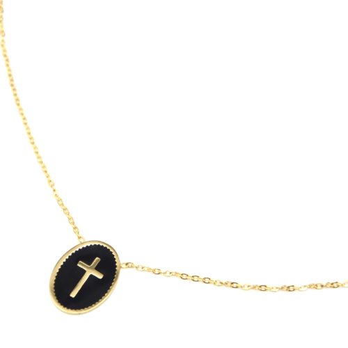 Collier-Fine-Chaine-Acier-Dore-avec-Pendentif-Ovale-Email-Noir-Motif-Croix