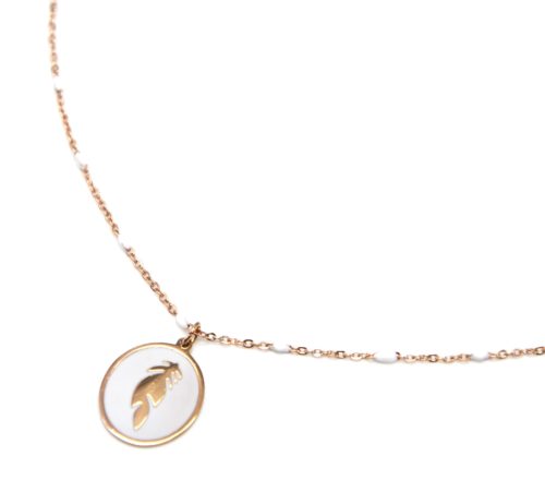 Collier-Fine-Chaine-Acier-Or-Rose-avec-Mini-Perles-et-Cercle-Email-Blanc-Motif-Plume