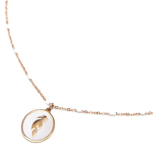 Collier-Fine-Chaine-Acier-Or-Rose-avec-Mini-Perles-et-Cercle-Email-Blanc-Motif-Plume