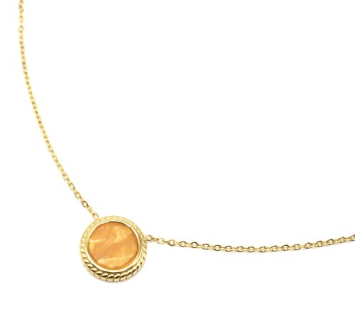 Collier-Fine-Chaine-avec-Pendentif-Pierre-Marbre-Jaune-Orange-Contour-Acier-Dore