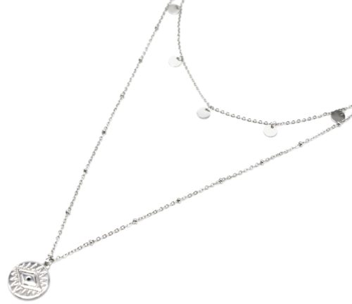 Collier-Double-Chaine-avec-Pampilles-et-Medaille-Oeil-Acier-Argente