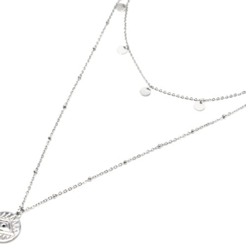 Collier-Double-Chaine-avec-Pampilles-et-Medaille-Oeil-Acier-Argente