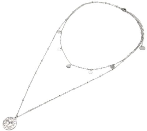 Collier-Double-Chaine-avec-Pampilles-et-Medaille-Oeil-Acier-Argente