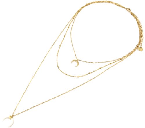 Collier-Triple-Chaine-avec-Lune-Boules-Acier-Dore-et-Corne-Resine-Blanche