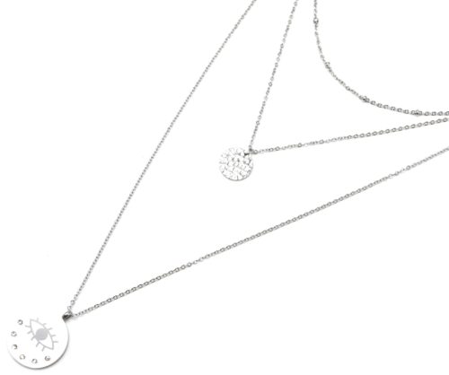 Collier-Triple-Chaine-avec-Boules-Medaille-Martelee-Acier-Argente-et-Oeil-Strass