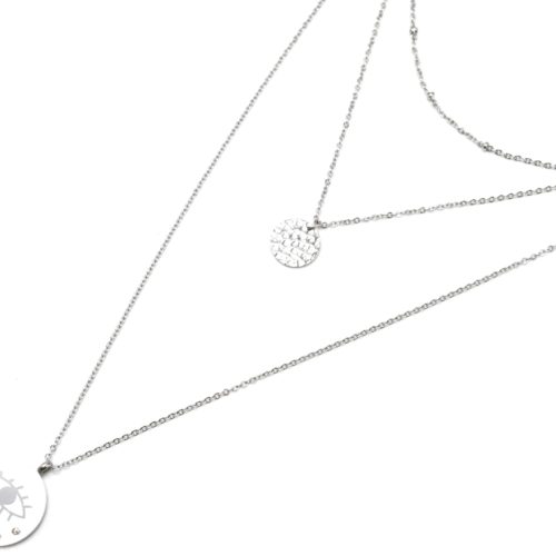 Collier-Triple-Chaine-avec-Boules-Medaille-Martelee-Acier-Argente-et-Oeil-Strass