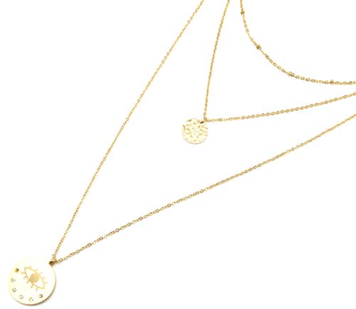 Collier-Triple-Chaine-avec-Boules-Medaille-Martelee-Acier-Dore-et-Oeil-Strass