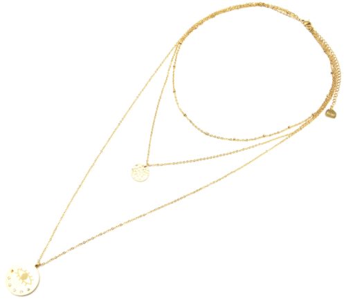 Collier-Triple-Chaine-avec-Boules-Medaille-Martelee-Acier-Dore-et-Oeil-Strass