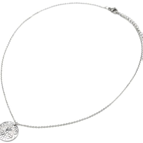 Collier-Pendentif-Medaille-Signe-Astro-Balance-Acier-Argente