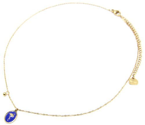 Collier-Fine-Chaine-Acier-Dore-avec-Ovale-Email-Bleu-Motif-Flamant-Rose