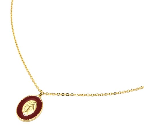 Collier-Fine-Chaine-Acier-Dore-avec-Vierge-Marie-Contour-Email-Bordeaux