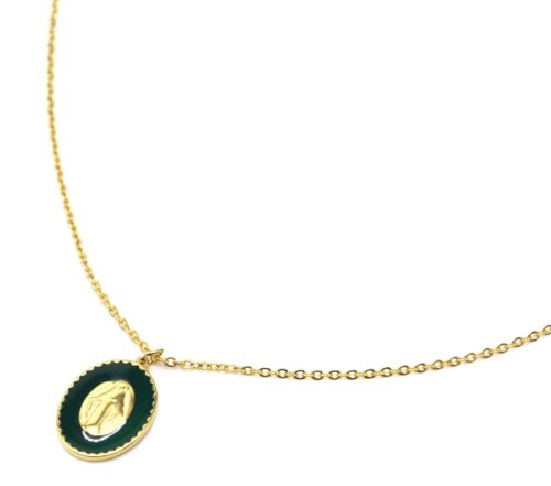 Collier-Fine-Chaine-Acier-Dore-avec-Vierge-Marie-Contour-Email-Vert-Sapin