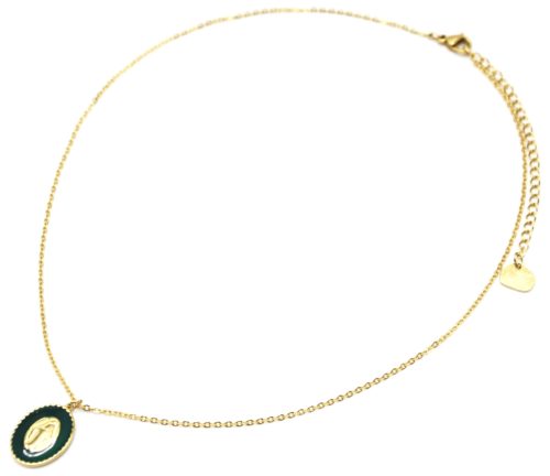 Collier-Fine-Chaine-Acier-Dore-avec-Vierge-Marie-Contour-Email-Vert-Sapin