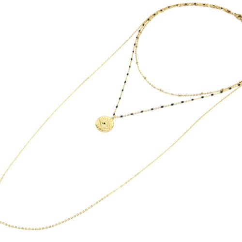 Collier-Triple-Chaine-Mini-Perles-Medaille-Gravee-Acier-Dore-et-Oeil-Noir
