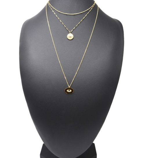 Collier-Triple-Chaine-Mini-Perles-Medaille-Gravee-Acier-Dore-et-Oeil-Noir