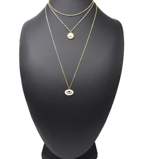 Collier-Triple-Chaine-Mini-Perles-Medaille-Gravee-Acier-Dore-et-Oeil-Blanc
