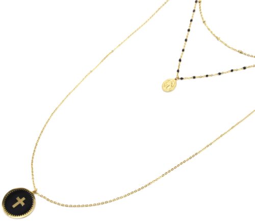 Collier-Triple-Chaine-Mini-Perles-Vierge-Marie-Acier-Dore-et-Croix-Noir