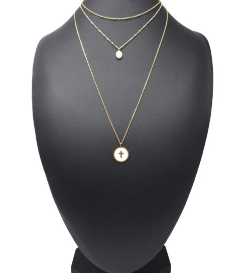 Collier-Triple-Chaine-Mini-Perles-Vierge-Marie-Acier-Dore-et-Croix-Blanc