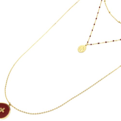 Collier-Triple-Chaine-Mini-Perles-Vierge-Marie-Acier-Dore-et-Croix-Bordeaux