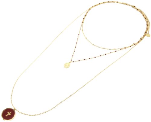 Collier-Triple-Chaine-Mini-Perles-Vierge-Marie-Acier-Dore-et-Croix-Bordeaux