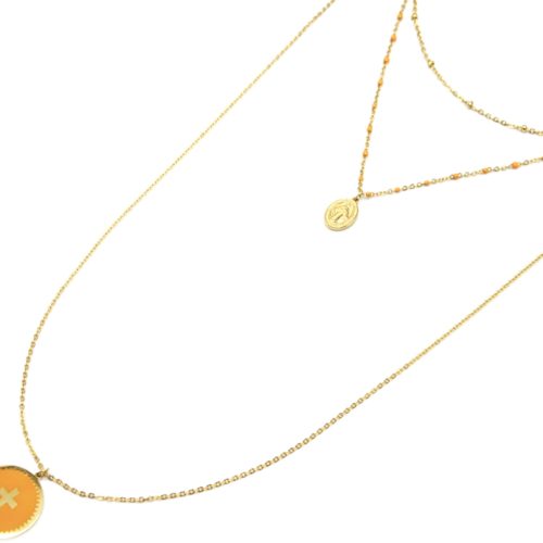 Collier-Triple-Chaine-Mini-Perles-Vierge-Marie-Acier-Dore-et-Croix-Jaune-Orange