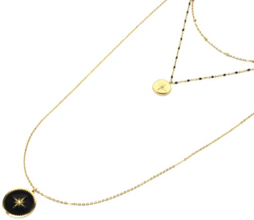 Collier-Triple-Chaine-Mini-Perles-Medaille-Acier-Dore-et-Etoile-Polaire-Noir
