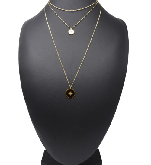 Collier-Triple-Chaine-Mini-Perles-Medaille-Acier-Dore-et-Etoile-Polaire-Noir