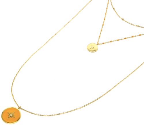 Collier-Triple-Chaine-Mini-Perles-Medaille-Acier-Dore-et-Etoile-Polaire-Jaune-Orange