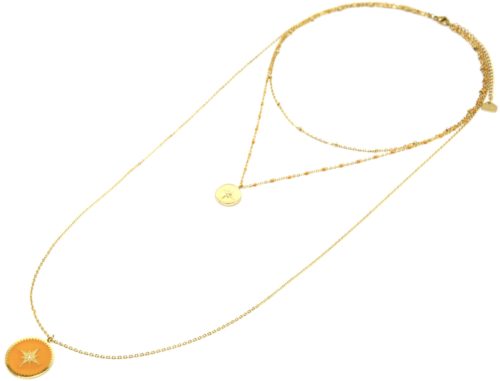 Collier-Triple-Chaine-Mini-Perles-Medaille-Acier-Dore-et-Etoile-Polaire-Jaune-Orange