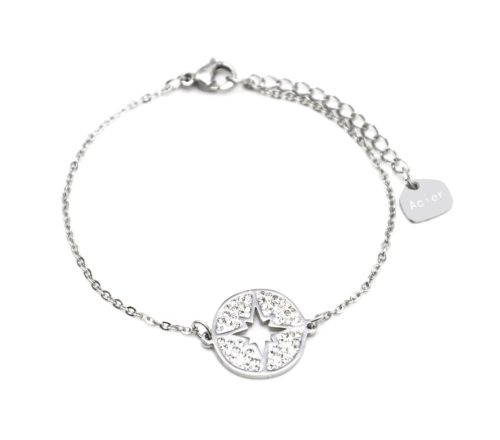 Bracelet-Fine-Chaine-Acier-Argente-avec-Cercle-Strass-Blanc-Motif-Ajoure-Etoile-Polaire