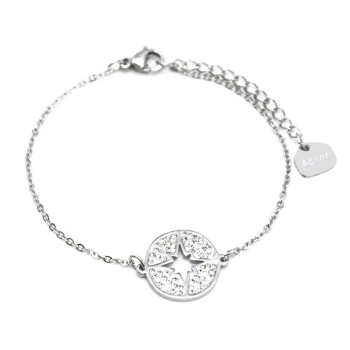 Bracelet-Fine-Chaine-Acier-Argente-avec-Cercle-Strass-Blanc-Motif-Ajoure-Etoile-Polaire