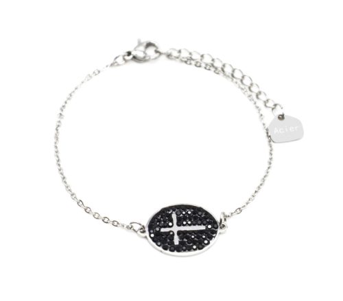 Bracelet-Fine-Chaine-Acier-Argente-avec-Croix-Contour-Ovale-Strass-Noir