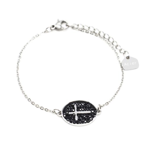 Bracelet-Fine-Chaine-Acier-Argente-avec-Croix-Contour-Ovale-Strass-Noir