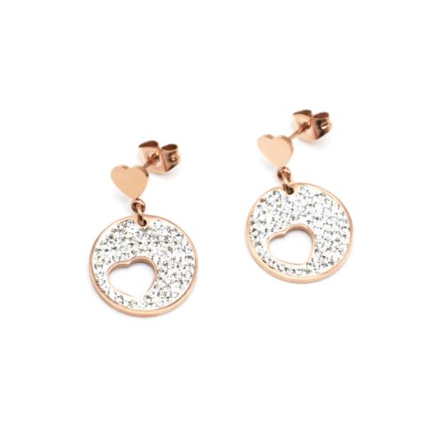 Boucles-dOreilles-Pendantes-Double-Cercles-Strass-et-Coeurs-Acier-Or-Rose